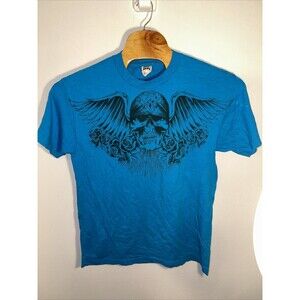 Alstyle T Shirt Short Sleeve Blue Skull Wings Roses Men’s Large